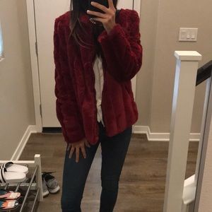 Burgundy faux fur jacket with pockets
